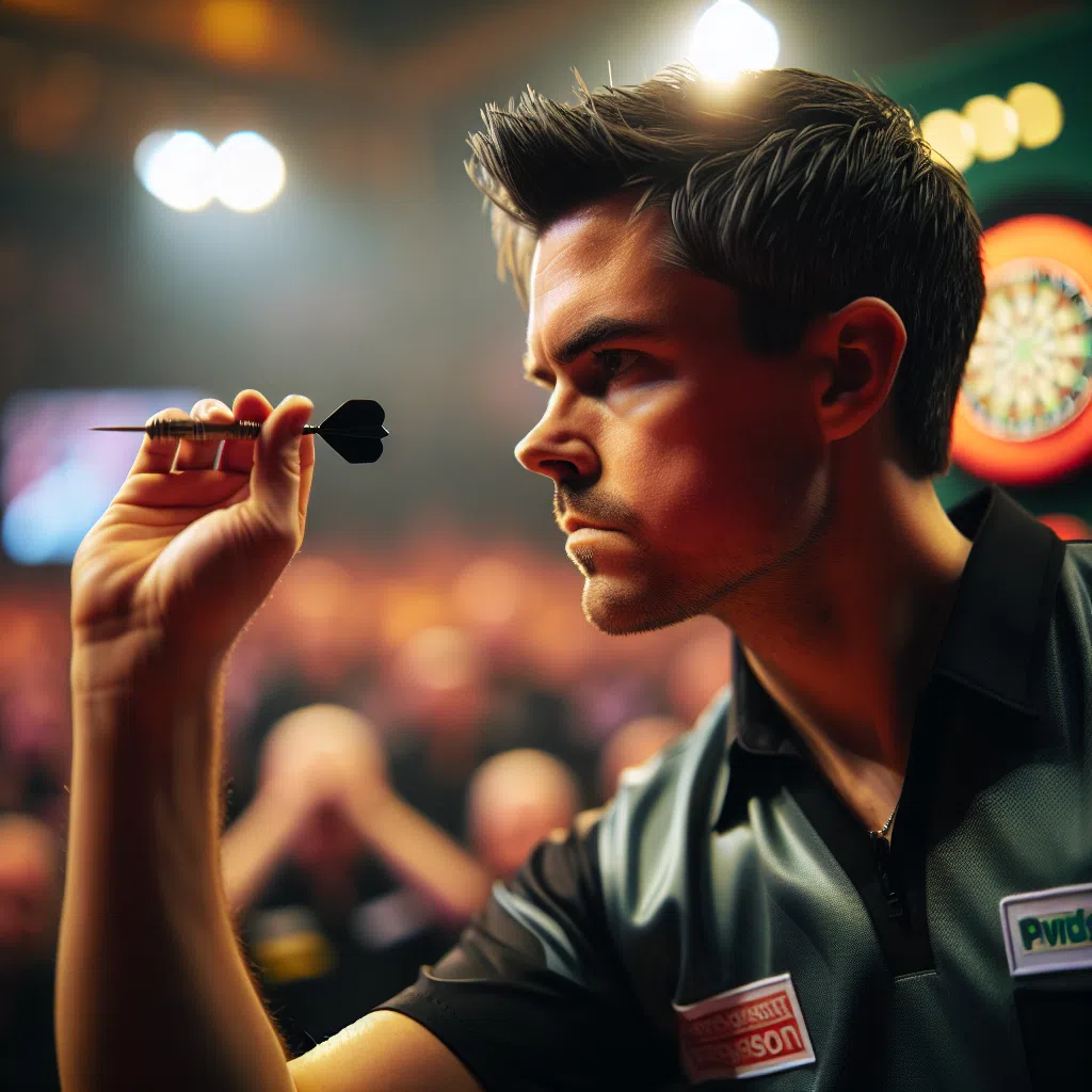 Luke Littler concentré lors d'un match de fléchettes.