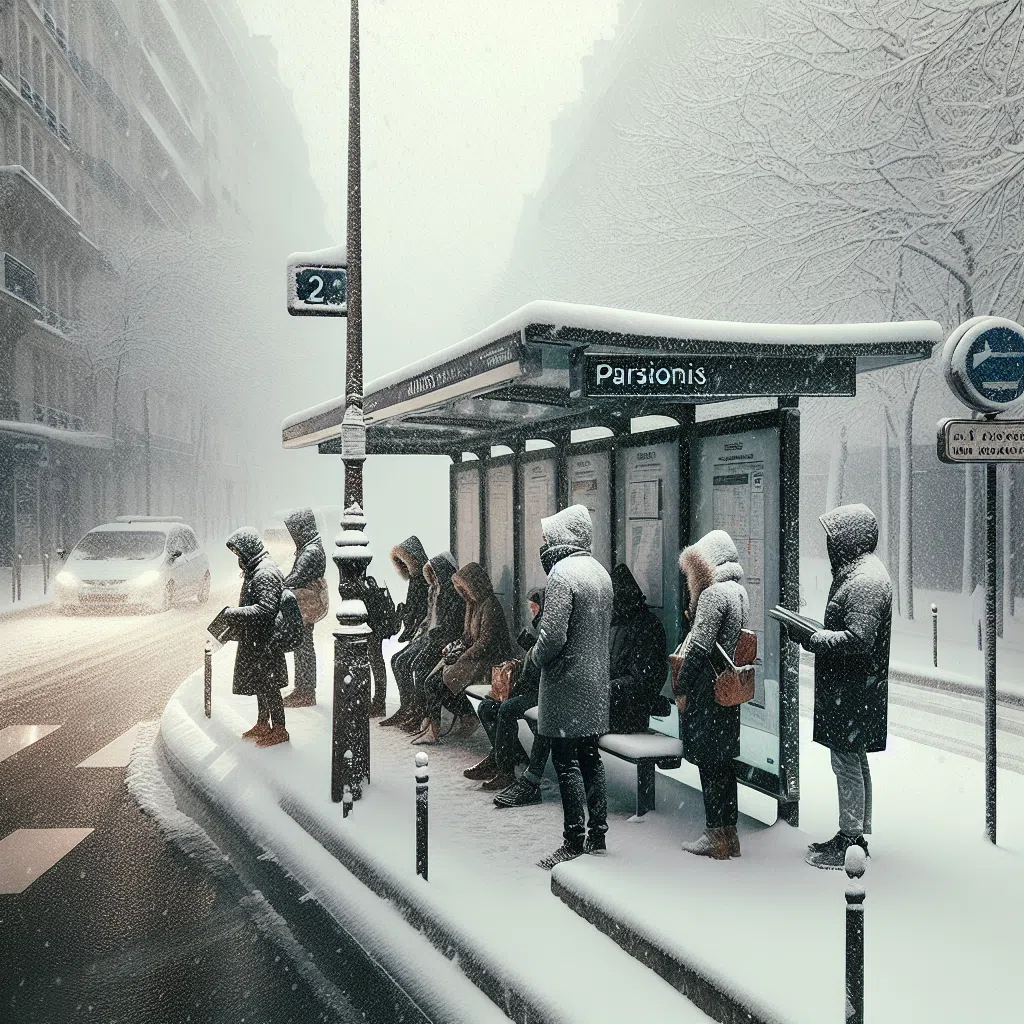 Arrêt de bus à Paris sous la neige