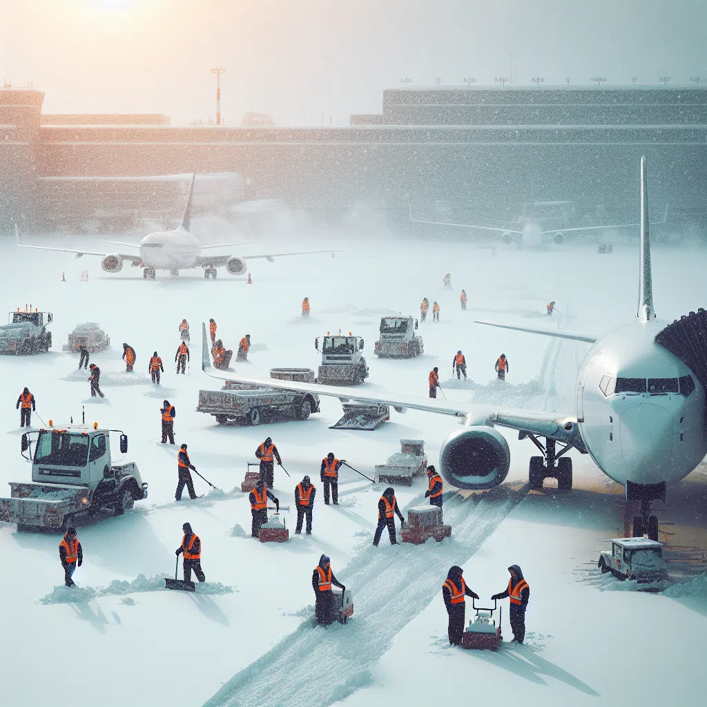 Piste d'aéroport enneigée avec avions au sol
