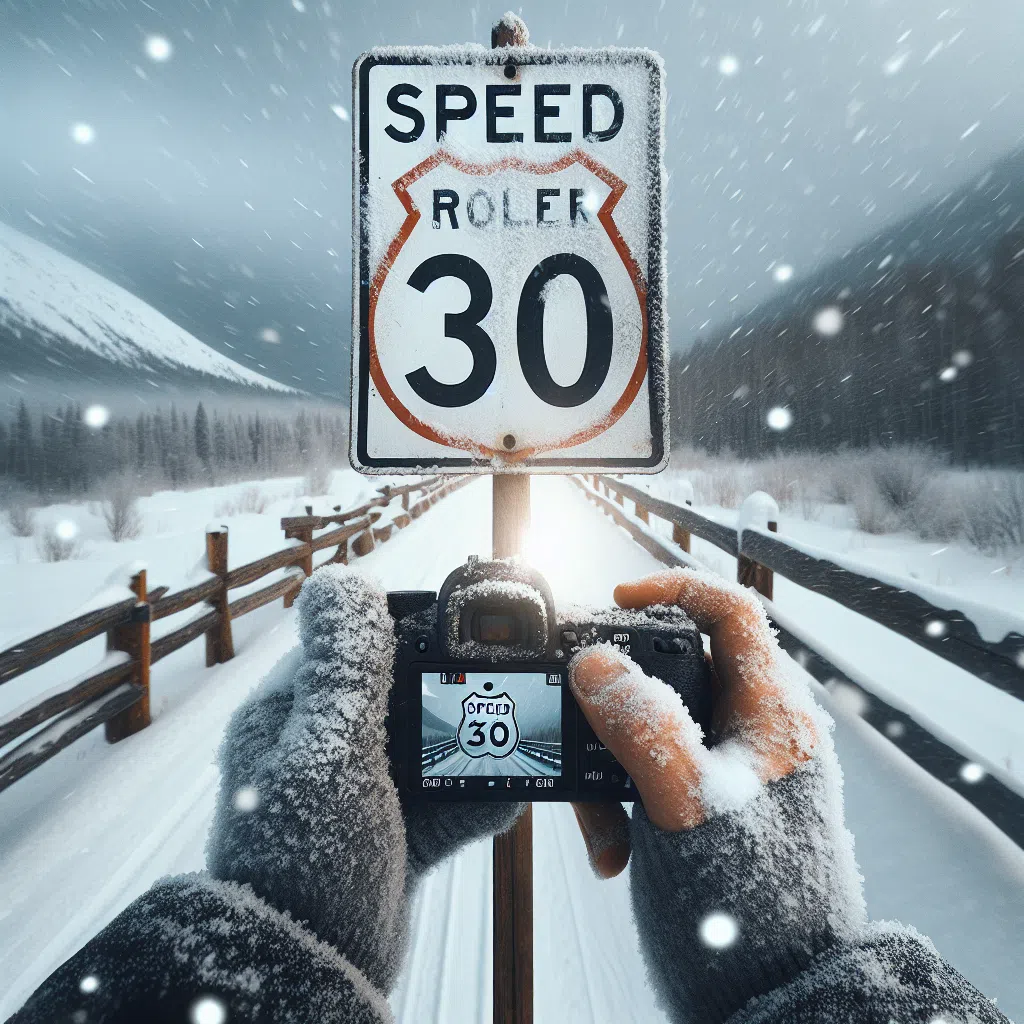 Panneau routier sous la neige indiquant les limitations de vitesse