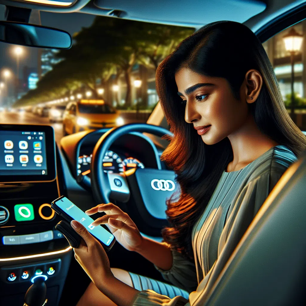 Conducteur VTC vérifiant une réservation sur son smartphone dans un véhicule moderne