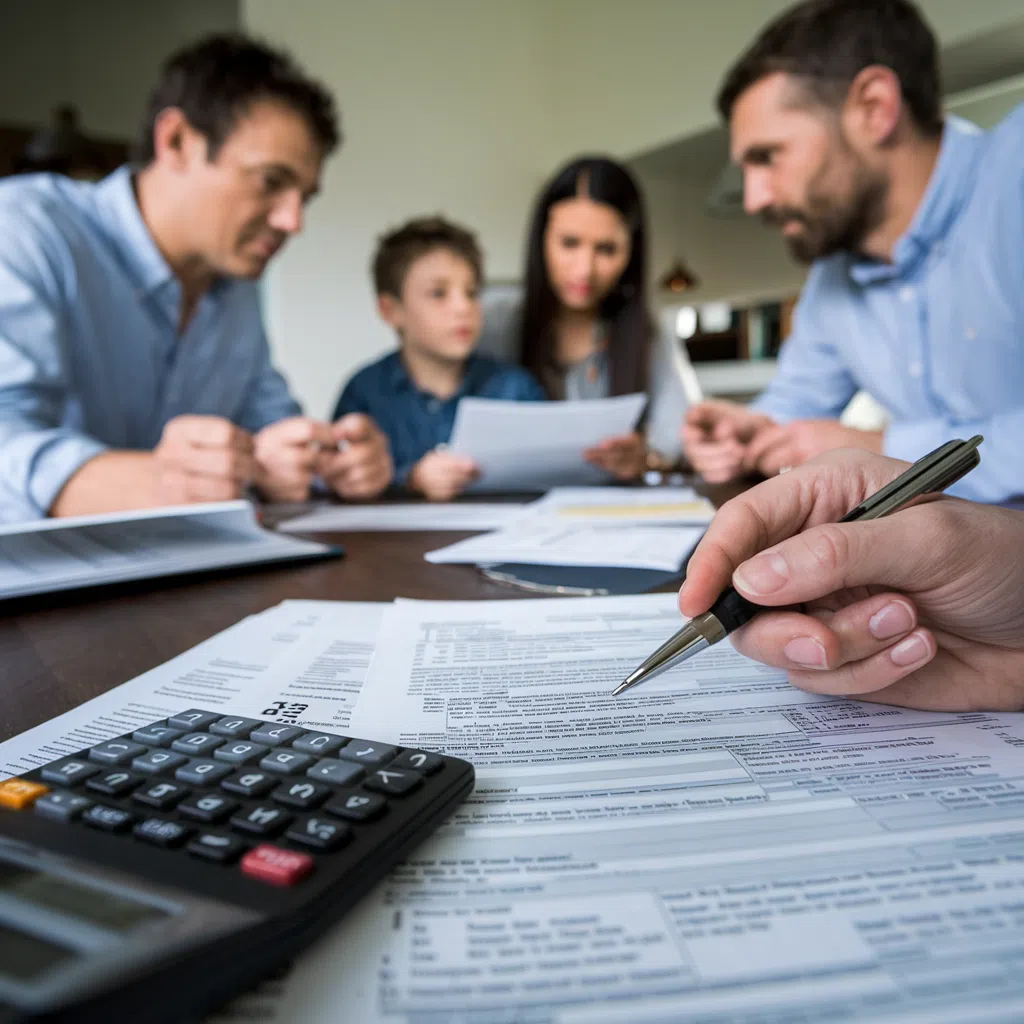 Famille discutant de finances avec documents fiscaux