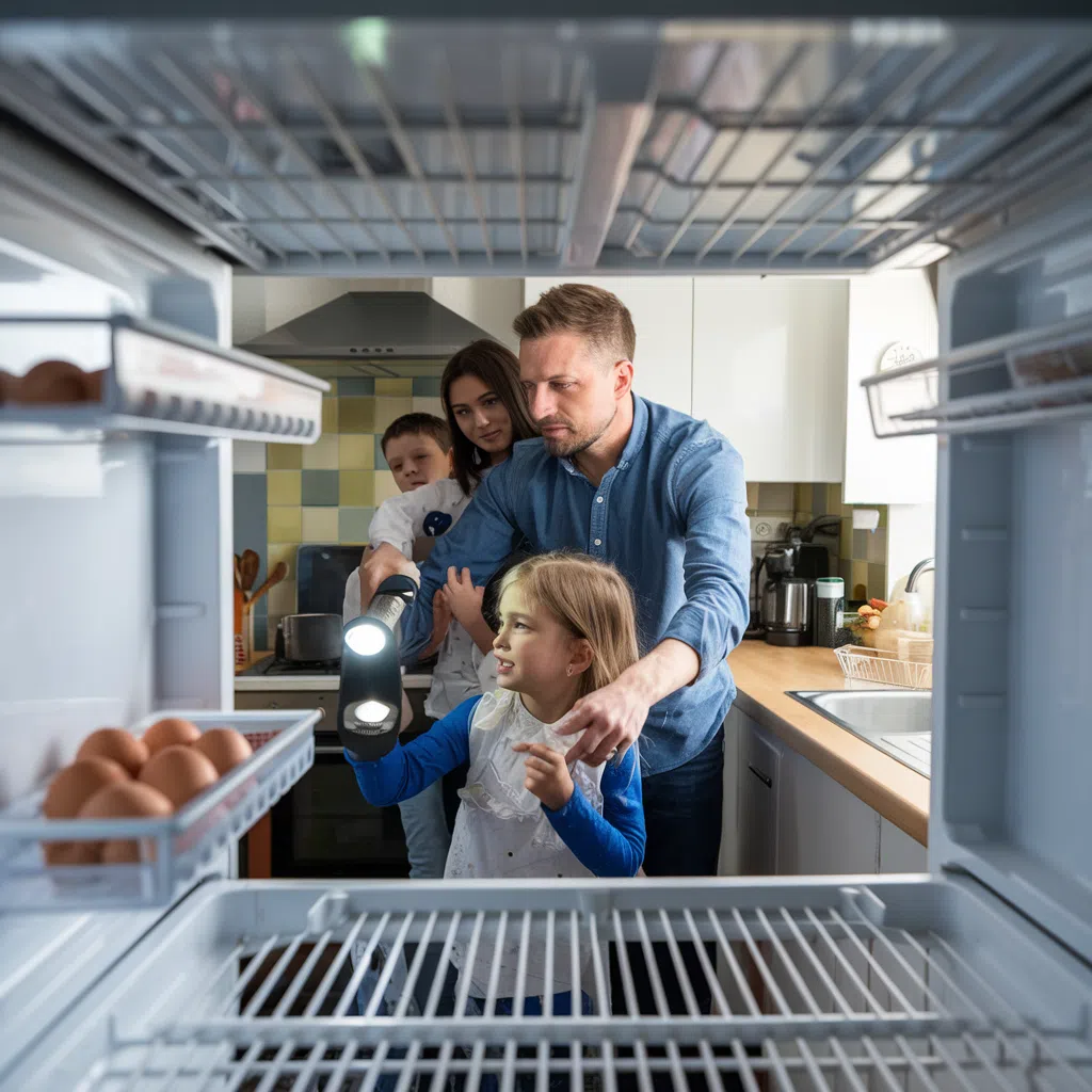 Famille cuisinant avec un réfrigérateur vide