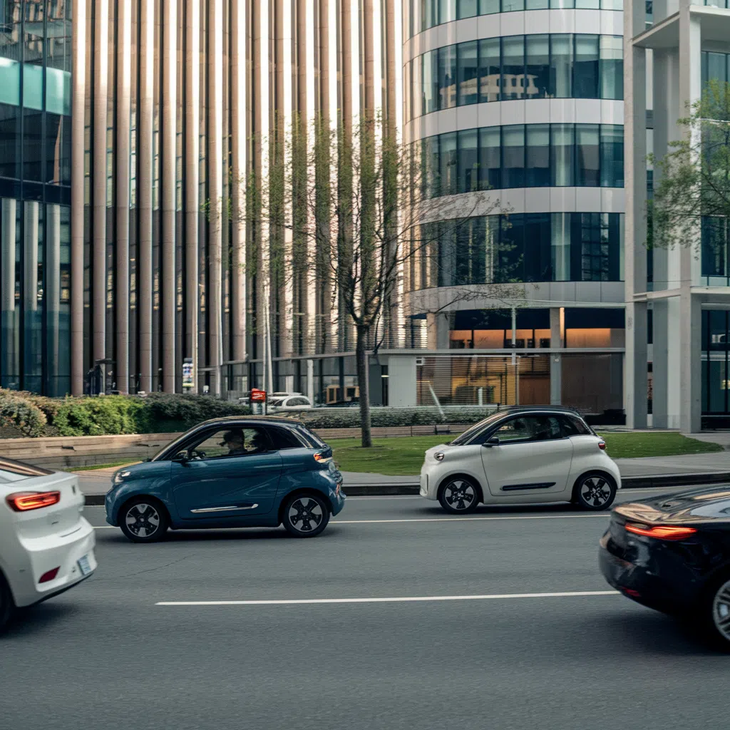 Rue urbaine avec des voitures électriques compactes circulant.