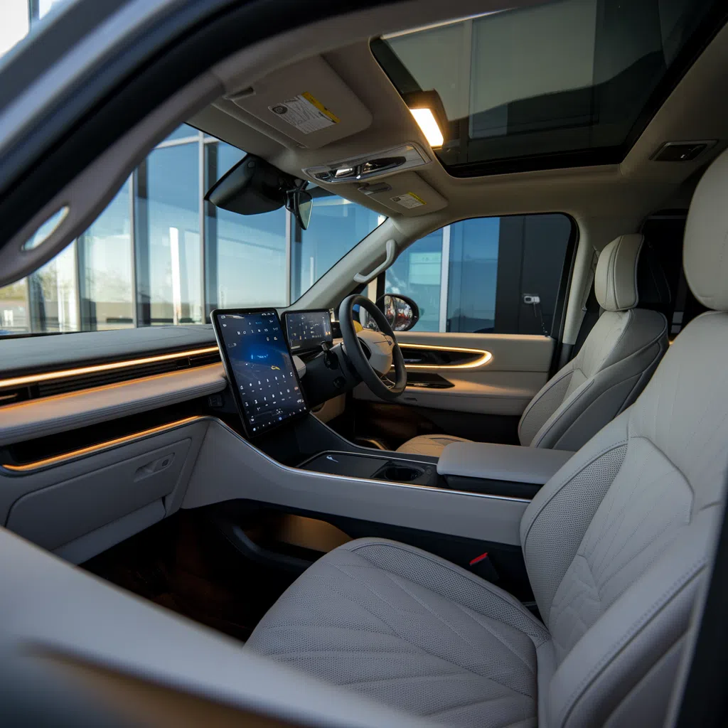 Intérieur moderne d'un véhicule électrique avec tableau de bord numérique.