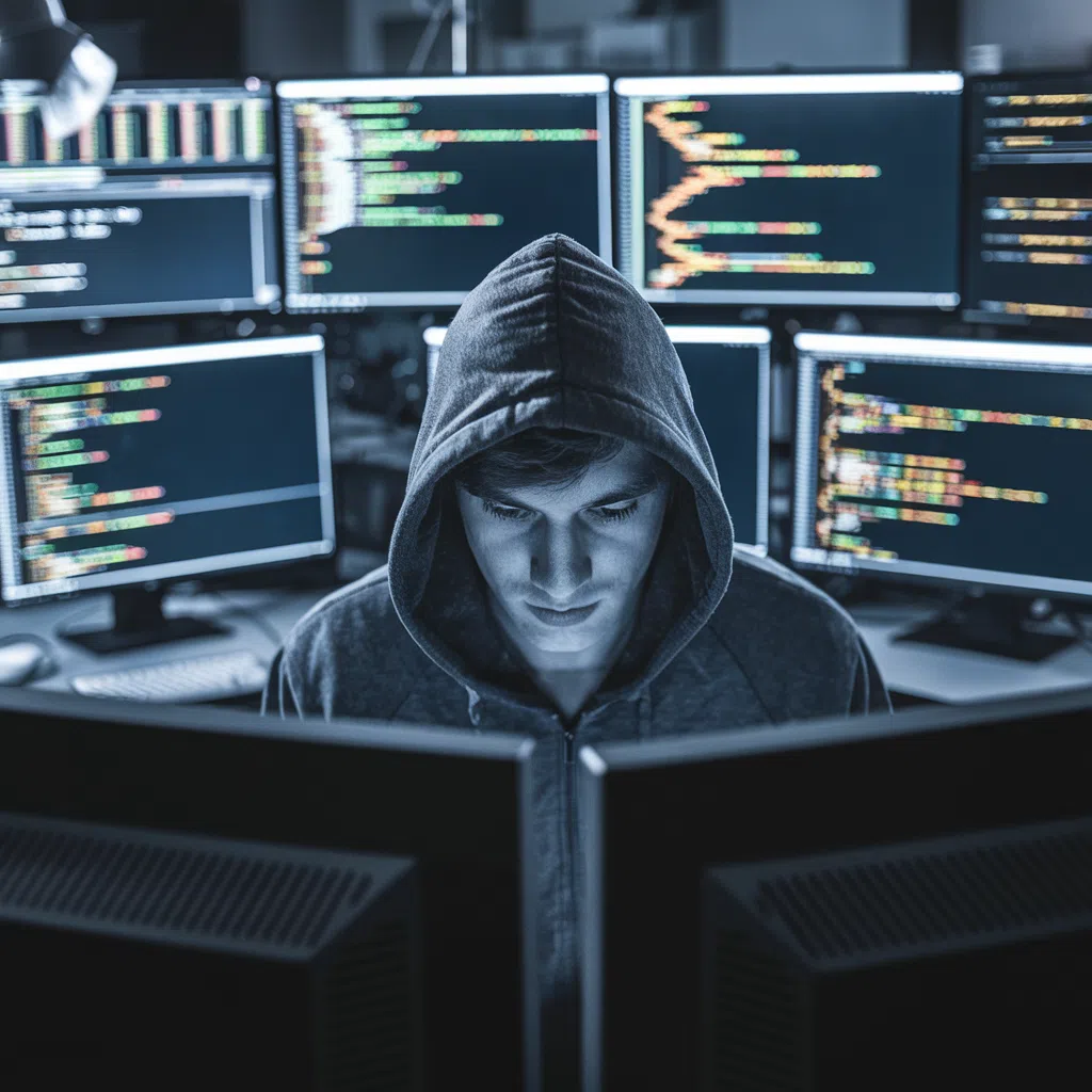Hacker entouré d'écrans d'ordinateur affichant des données codées.