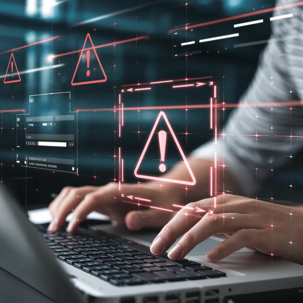 Illustration d'une violation de réseau informatique avec symboles d'alerte.