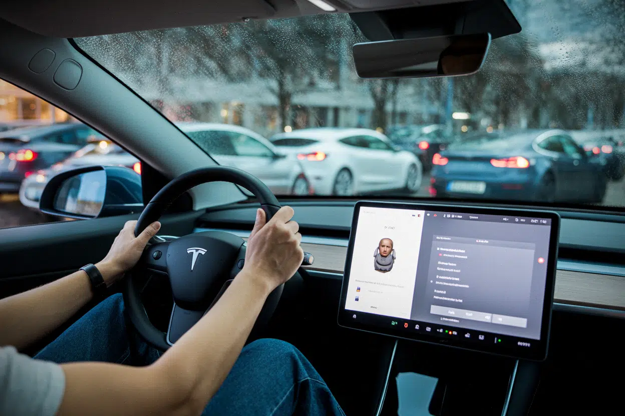 Grok sur écran Tesla en Belgique, commandes vocales en conduite urbaine nocturne
