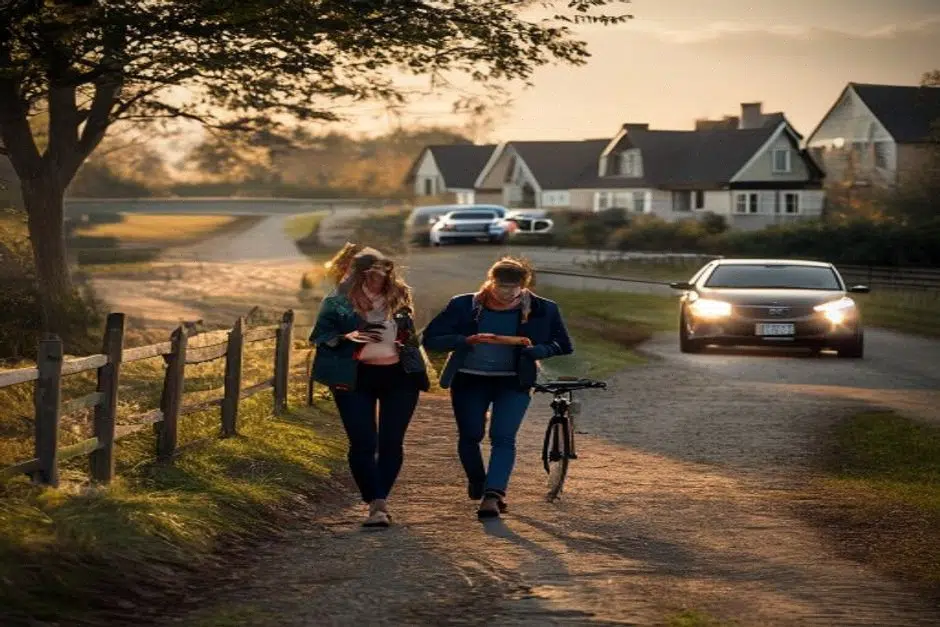 Promeneurs sur un itinéraire de randonnée du Muretain avec smartphone
