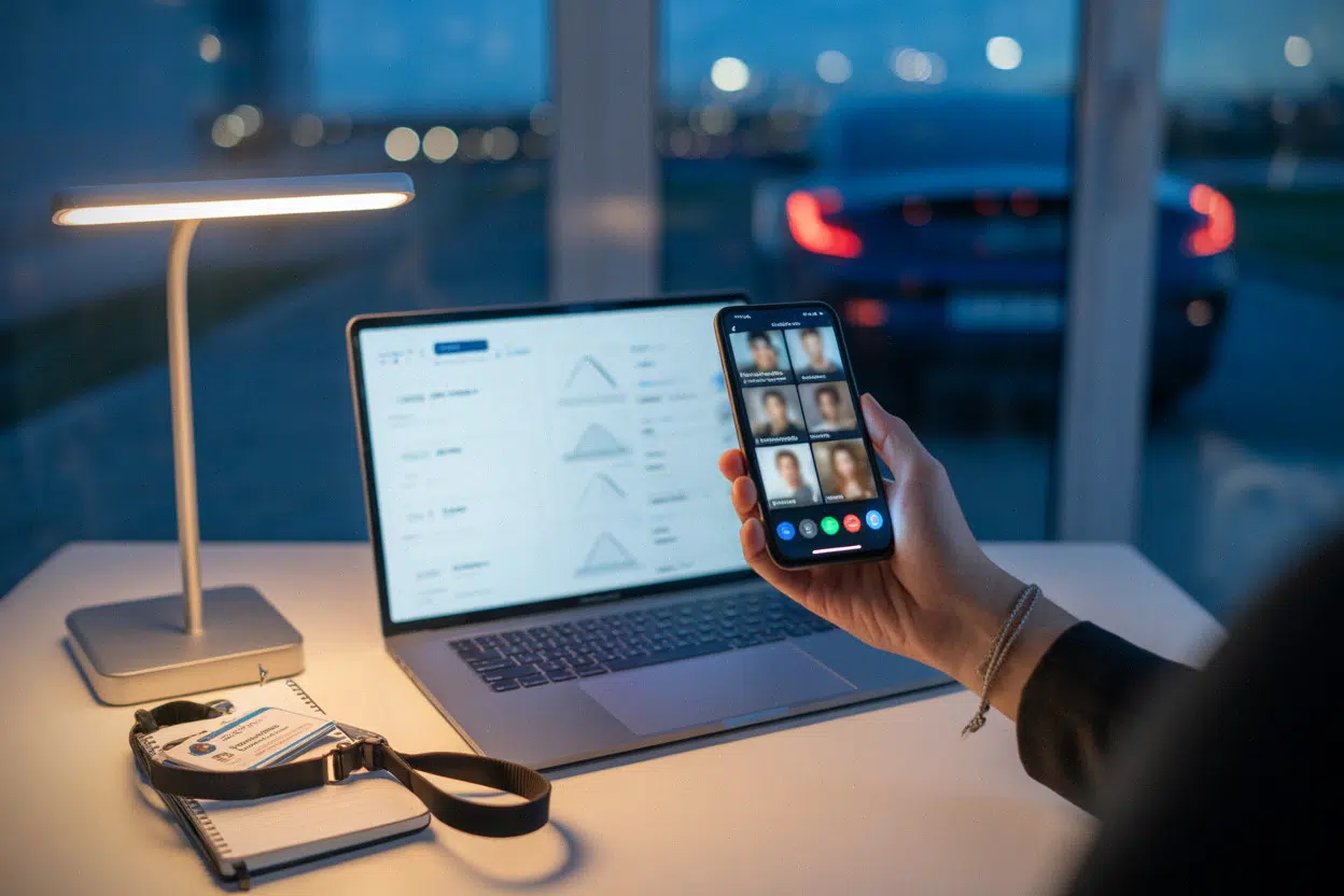 Analyste vérifiant des profils de fausses soldates sur smartphone et ordinateur