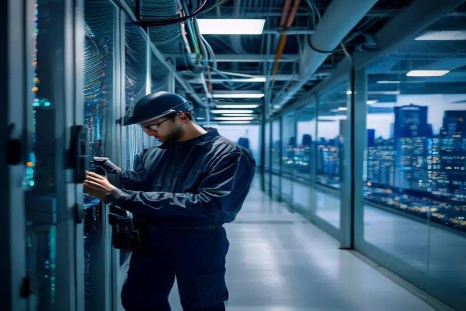 Technicien inspectant des serveurs IA dans un data center moderne
