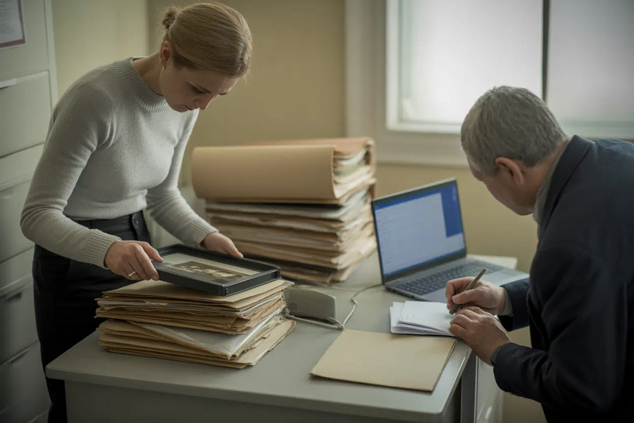 Bénévoles de Rochechouart classant des archives pour une étude patrimoniale