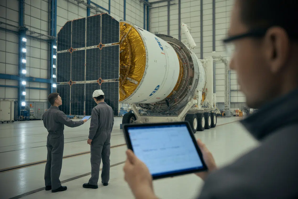 Techniciens inspectant un panneau solaire orbital dans un hangar SpaceX moderne