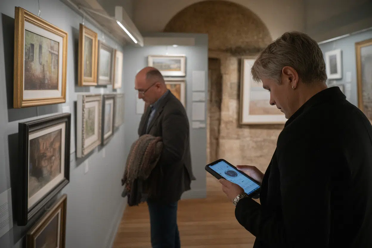 Salle de la Maison du patrimoine à Mesquer, visiteurs regardant des œuvres