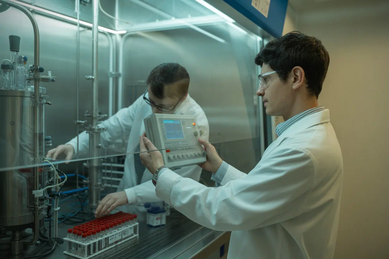 Chercheurs en laboratoire biotech travaillant sur des anticorps thérapeutiques