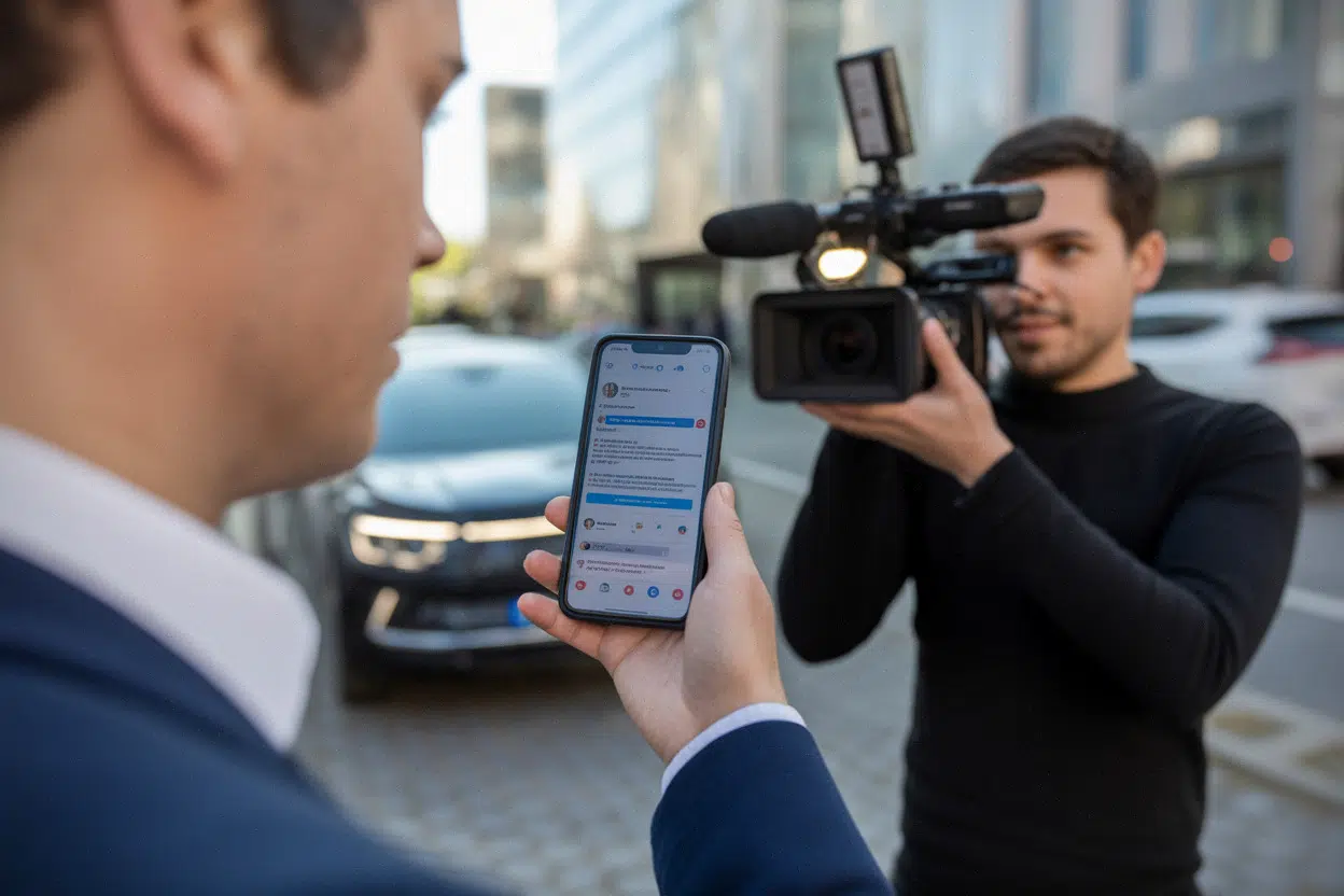 Journalistes filmant un smartphone après un démenti public sur X