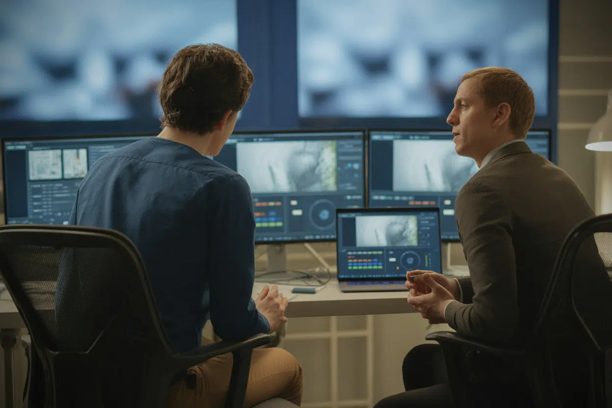 Producteurs en studio de postproduction, discussion sur l’usage de l’IA