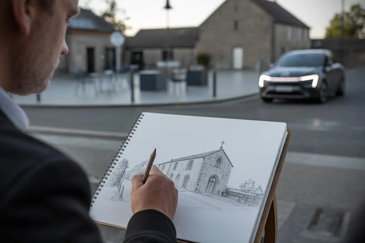 Dessin monochrome d’une église du Cantal réalisé au crayon