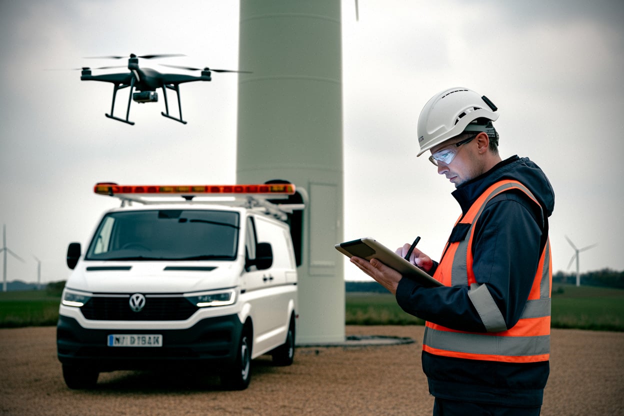 Technicien énergie utilisant une tablette pour maintenance prédictive sur éolienne