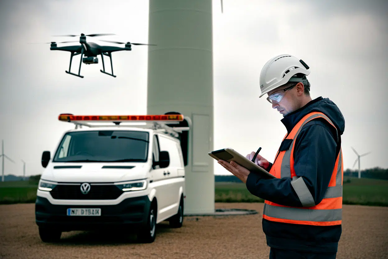 Technicien énergie utilisant une tablette pour maintenance prédictive sur éolienne