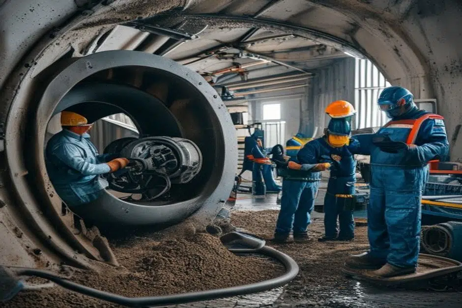 Inspection de chantier de tunnel avec ouvriers et contrôle de conformité