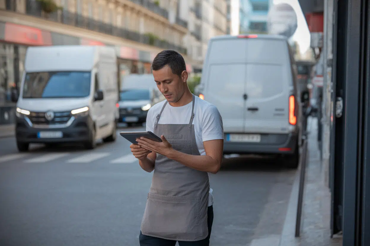 Commerçant parisien confronté à la CFE, gestion sur tablette devant boutique