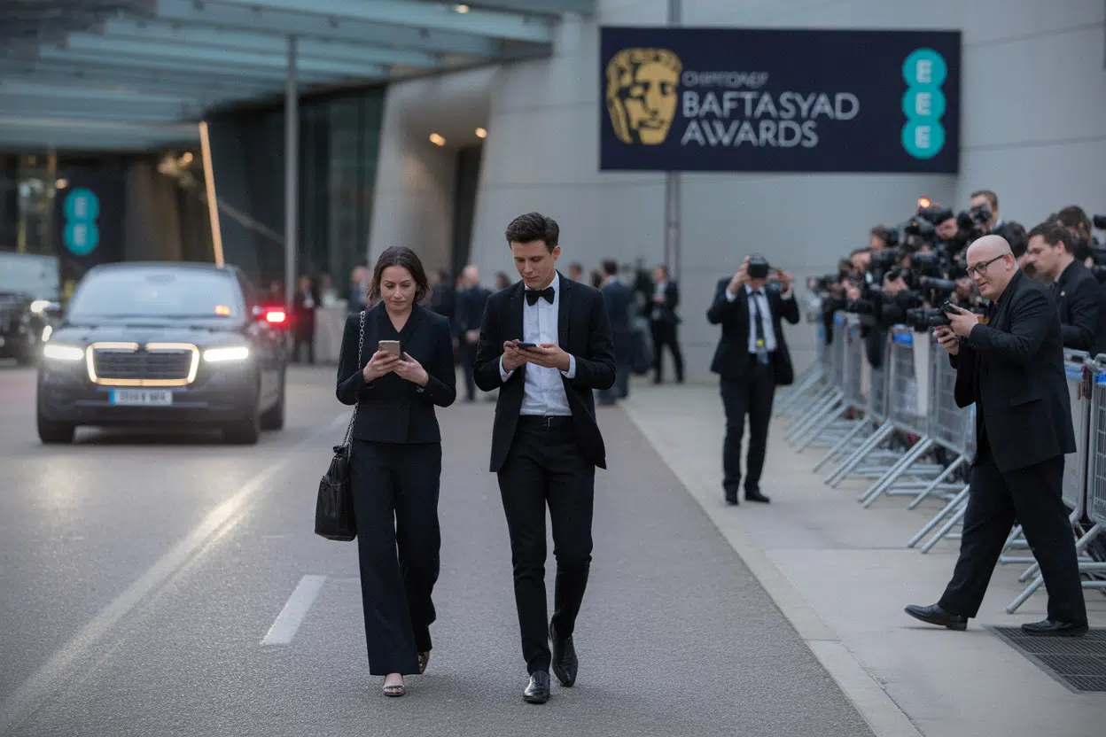 Entrée d’une cérémonie de cinéma, public et photographes en soirée