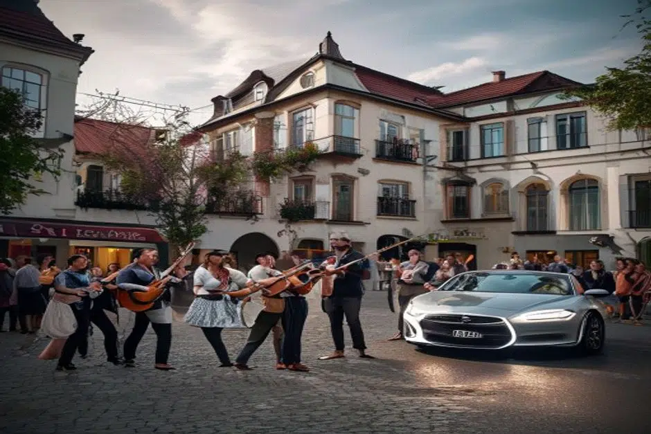 Danseurs et musiciens dans le centre-ville de Rostrenen le 14 août