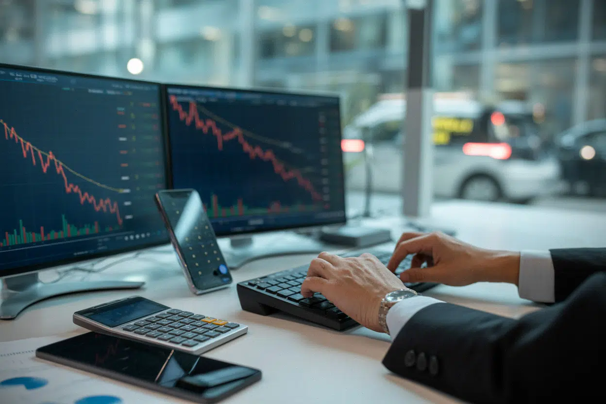 Poste de trading à New York, écrans en baisse sur valeurs IA