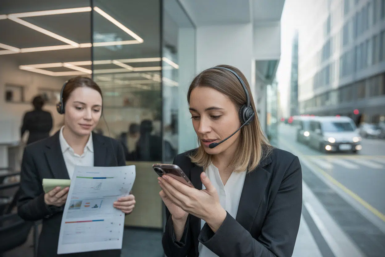 Employé s’entraînant au français avec IA sur smartphone au bureau
