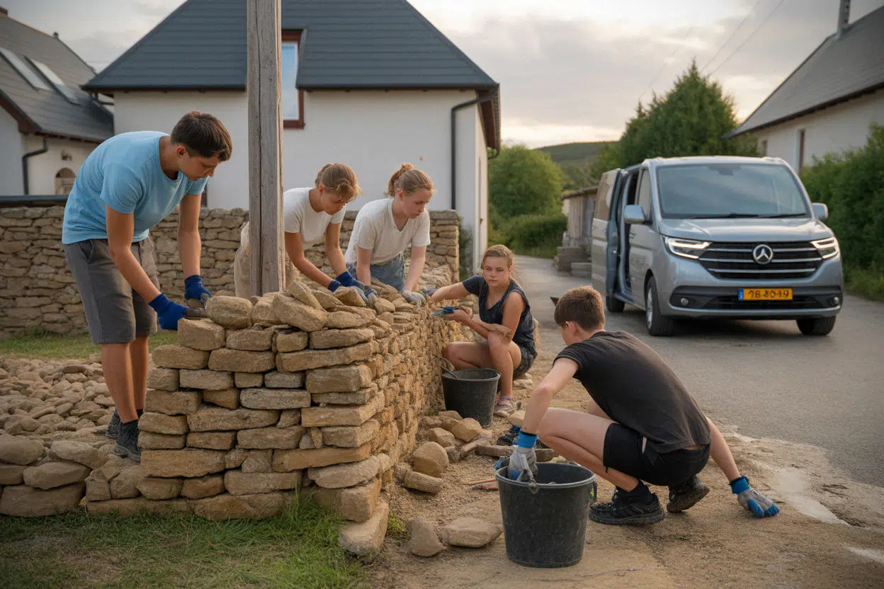 Jeunes bénévoles restaurant un mur en pierres sèches à Vignory