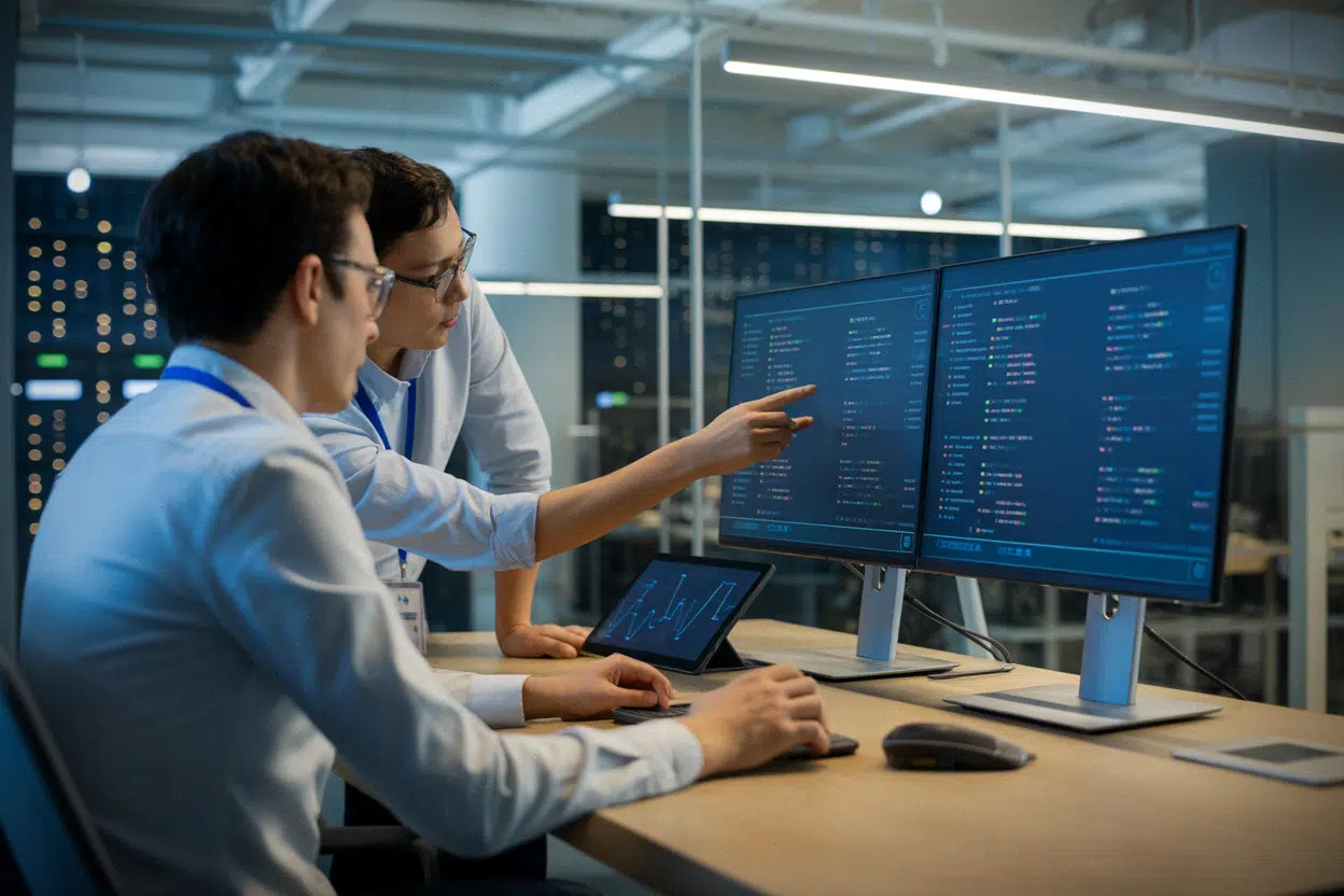 Équipe informatique analysant un incident de cybersécurité en environnement e-commerce