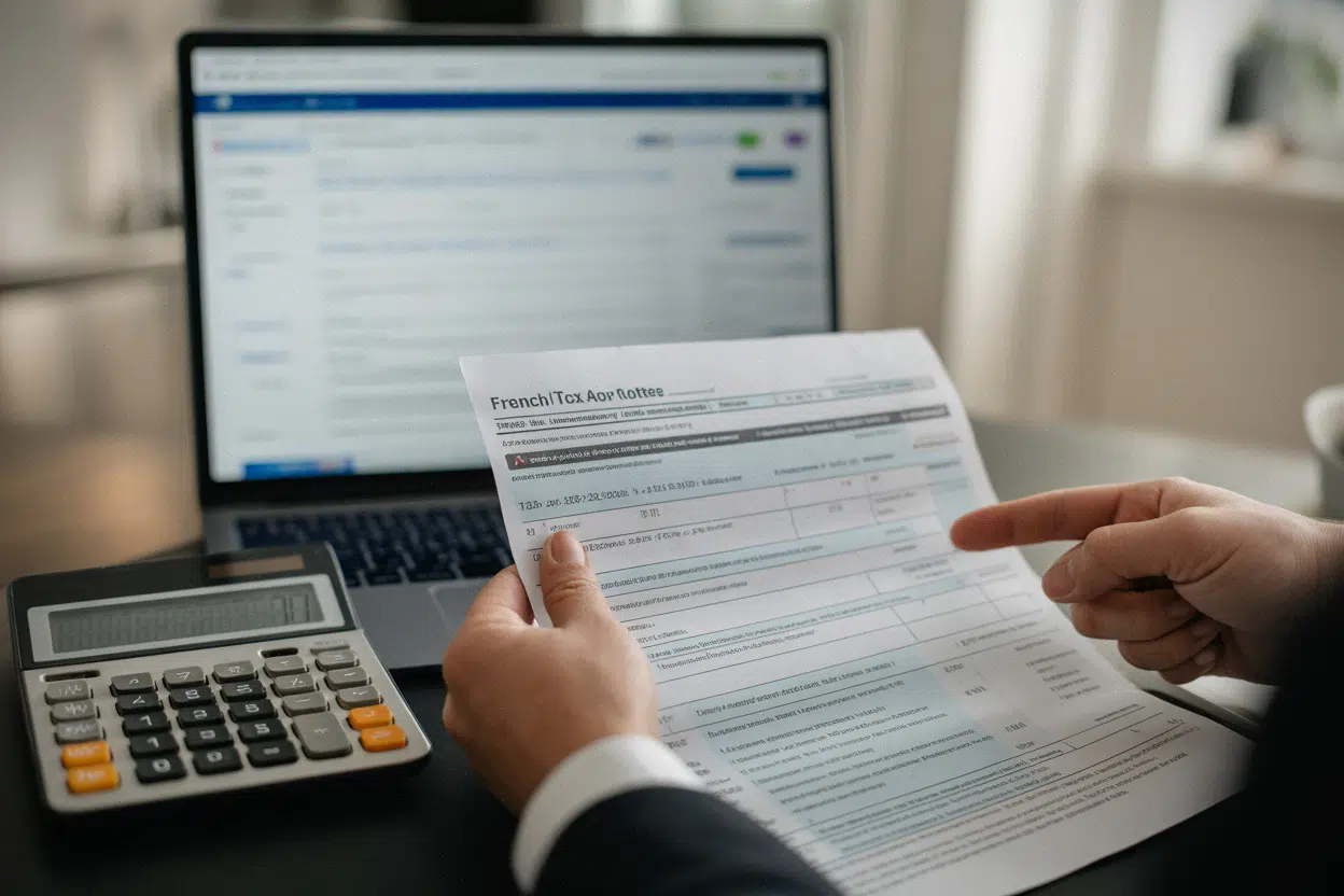 Avis de taxe foncière analysé à domicile, chiffres comparés sur ordinateur
