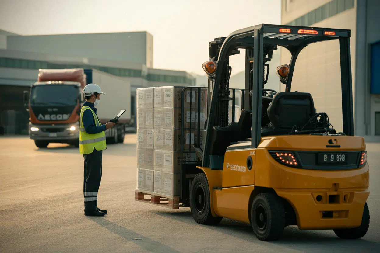 Logistique export de semi-conducteurs sud-coréens près d’un entrepôt moderne