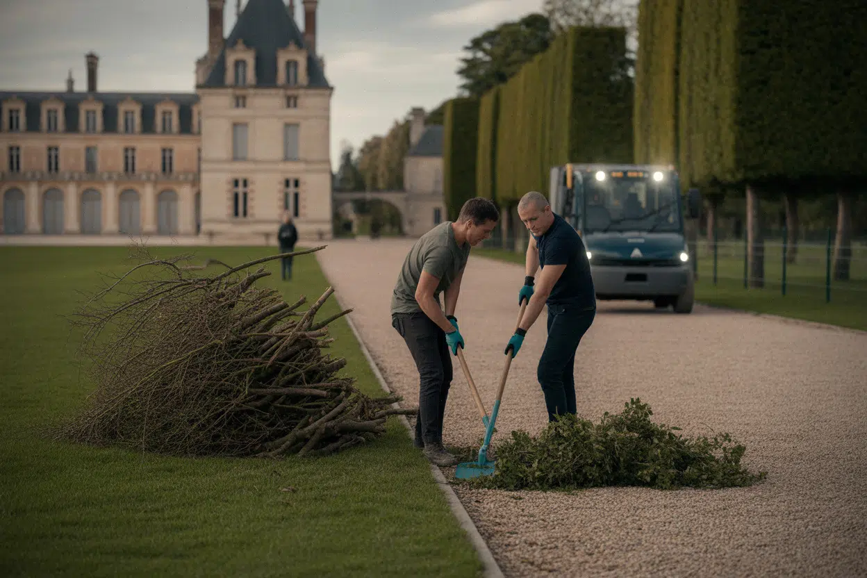 Entretien du parc du château du Thiolent, bénévoles au travail à Vergezac