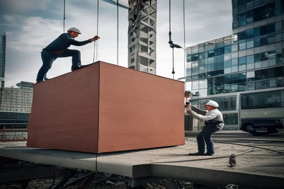 Pose d’un module en béton d’argile sur chantier à Bordeaux