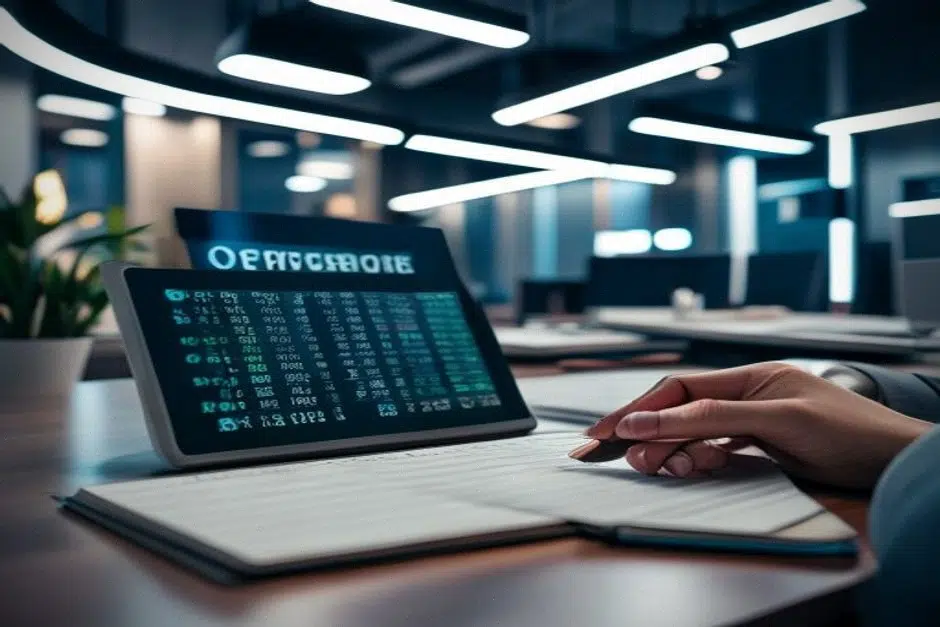 Écran d’ordinateur avec cours crypto flou et carnet de notes