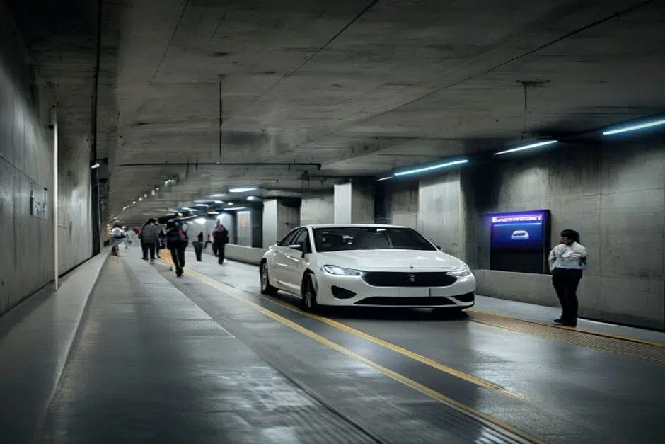 Tunnel urbain à Las Vegas avec véhicule électrique et station éclairée
