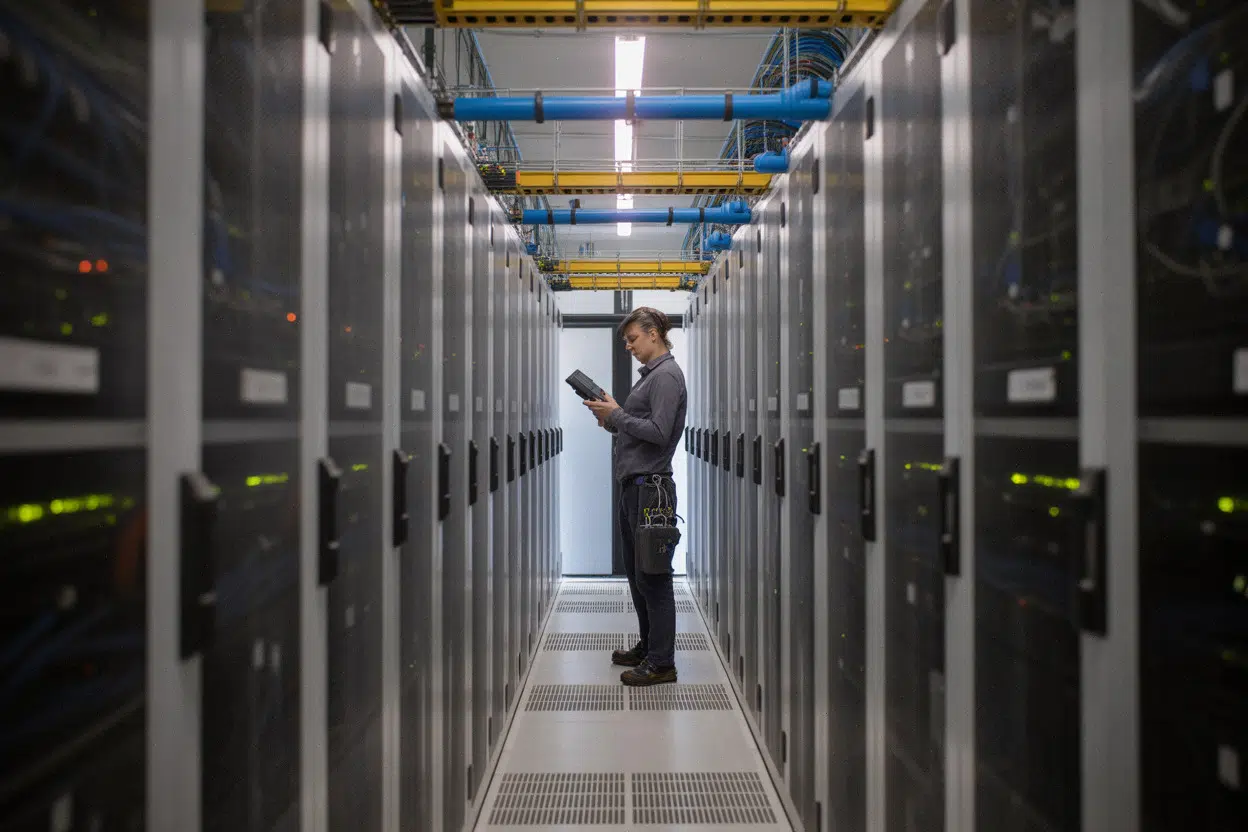 Ingénieur surveillant la consommation électrique d’un data center IA moderne