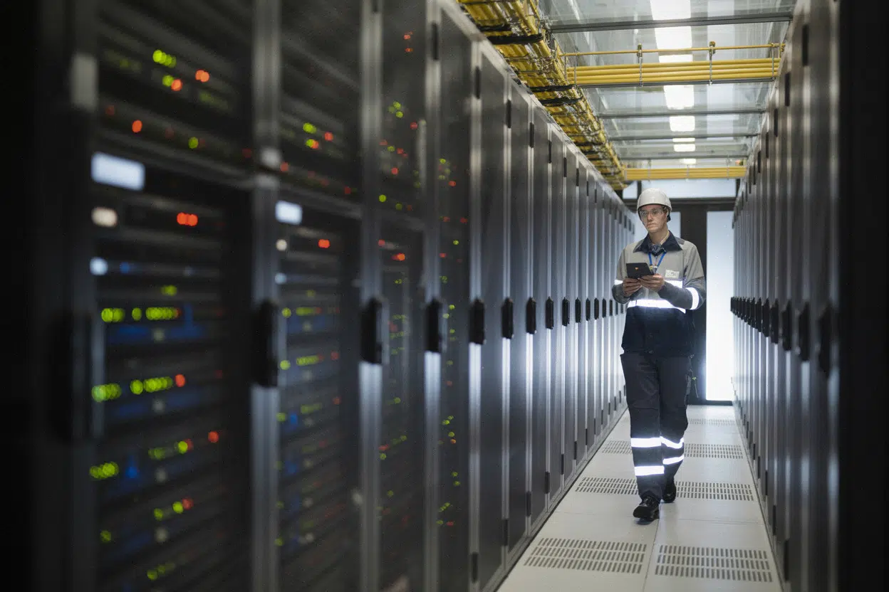 Technicien dans un data center IA à Rovaltain, racks et refroidissement.
