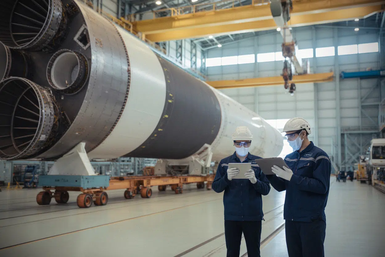 Techniciens inspectant un segment de Starship dans un hangar industriel
