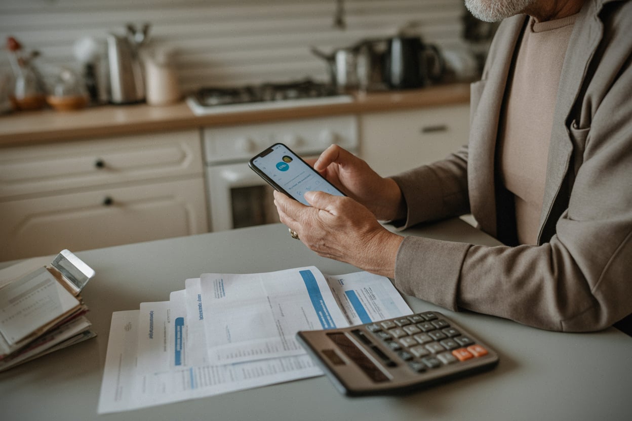 Retraité vérifiant une revalorisation de pension sur smartphone à domicile