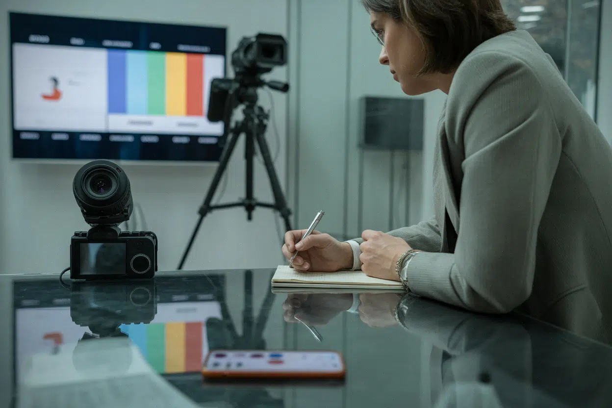 Plateau télé et courbes de sondages floutées en arrière-plan