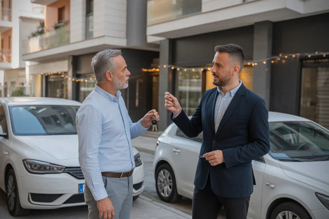 Retraité visitant un appartement en Albanie avec un agent local