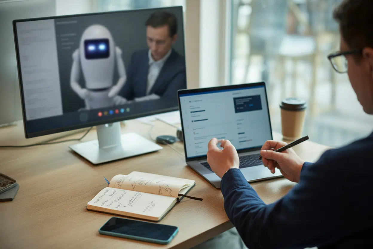 Entrepreneur utilise une IA au bureau pour rédiger des documents