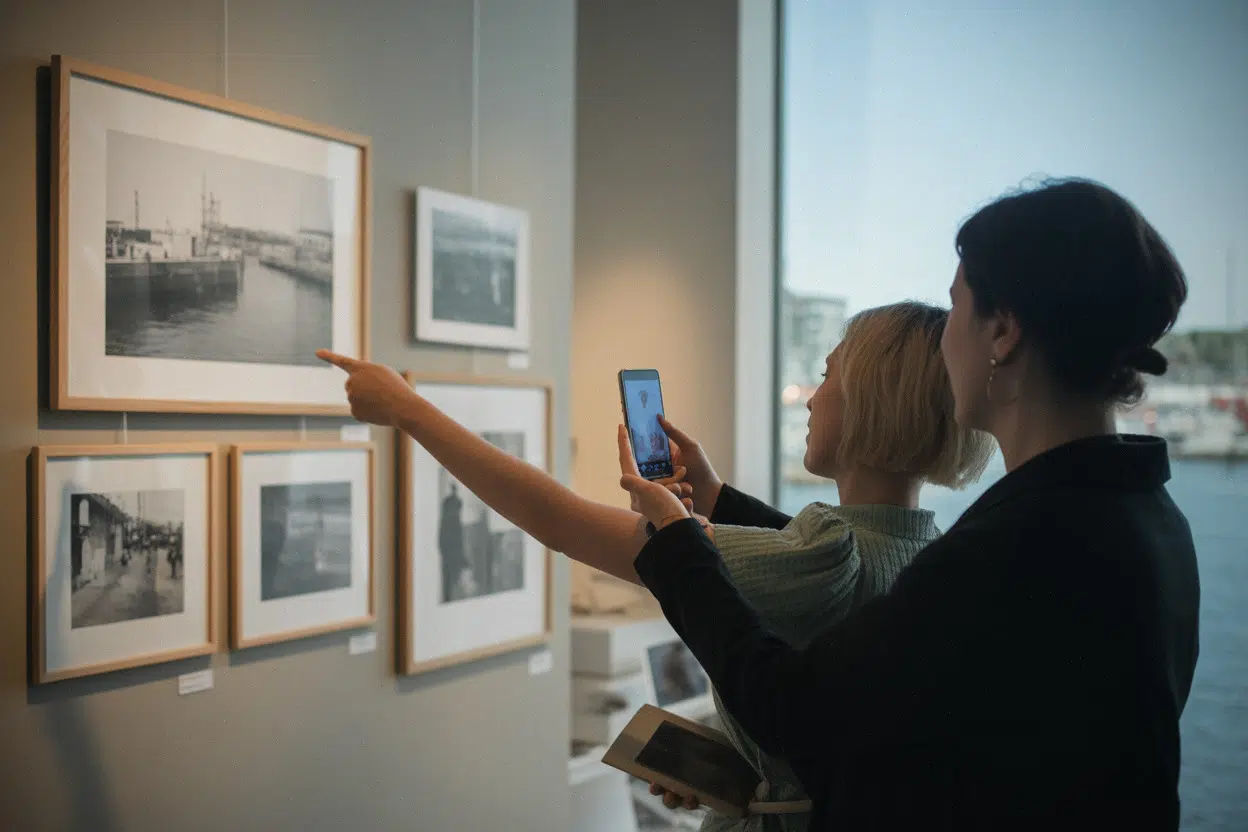 Visiteurs découvrant des photos d’archives à la Coopérative du Port