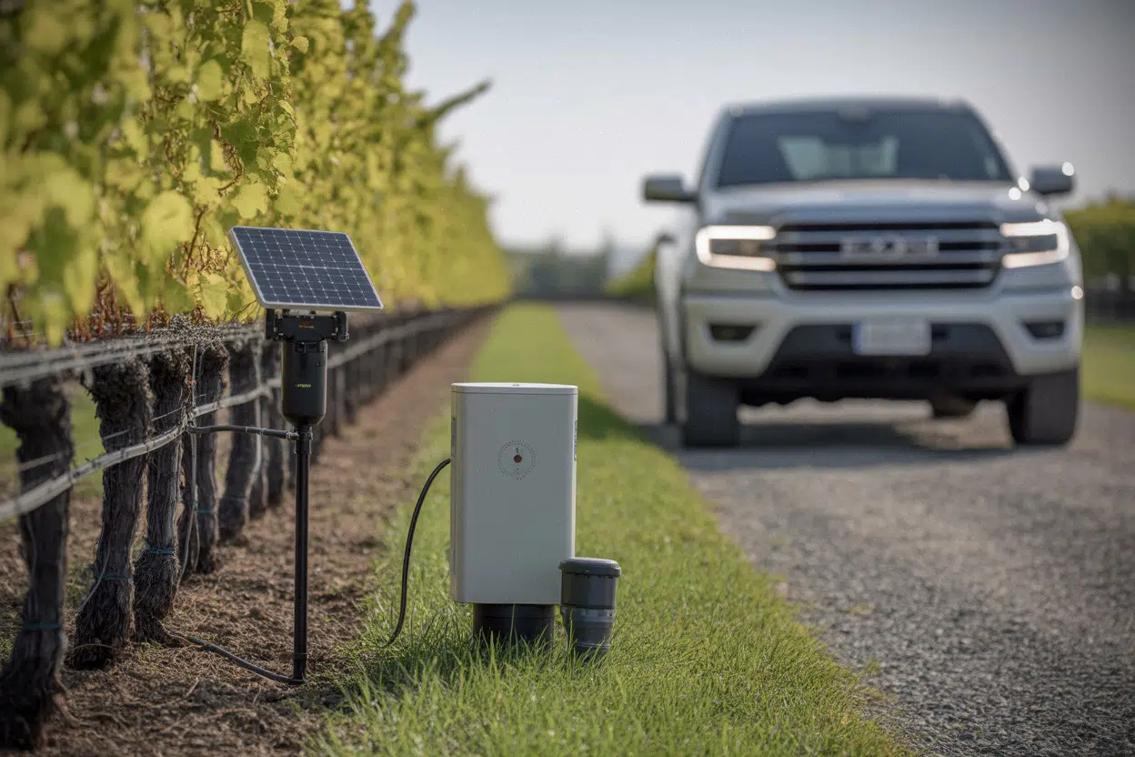 Station météo connectée et capteur d’humidité au bord d’une vigne