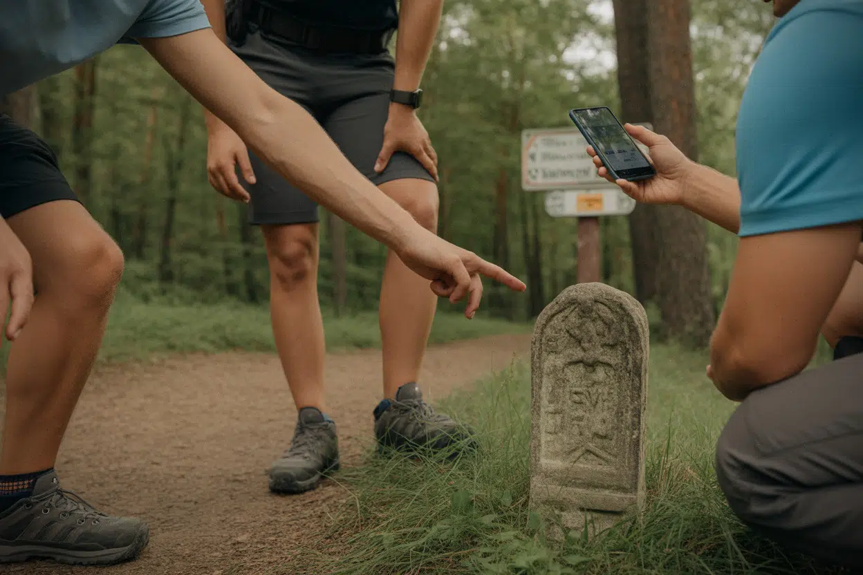 Marcheurs en forêt du Donezan observant une borne ancienne