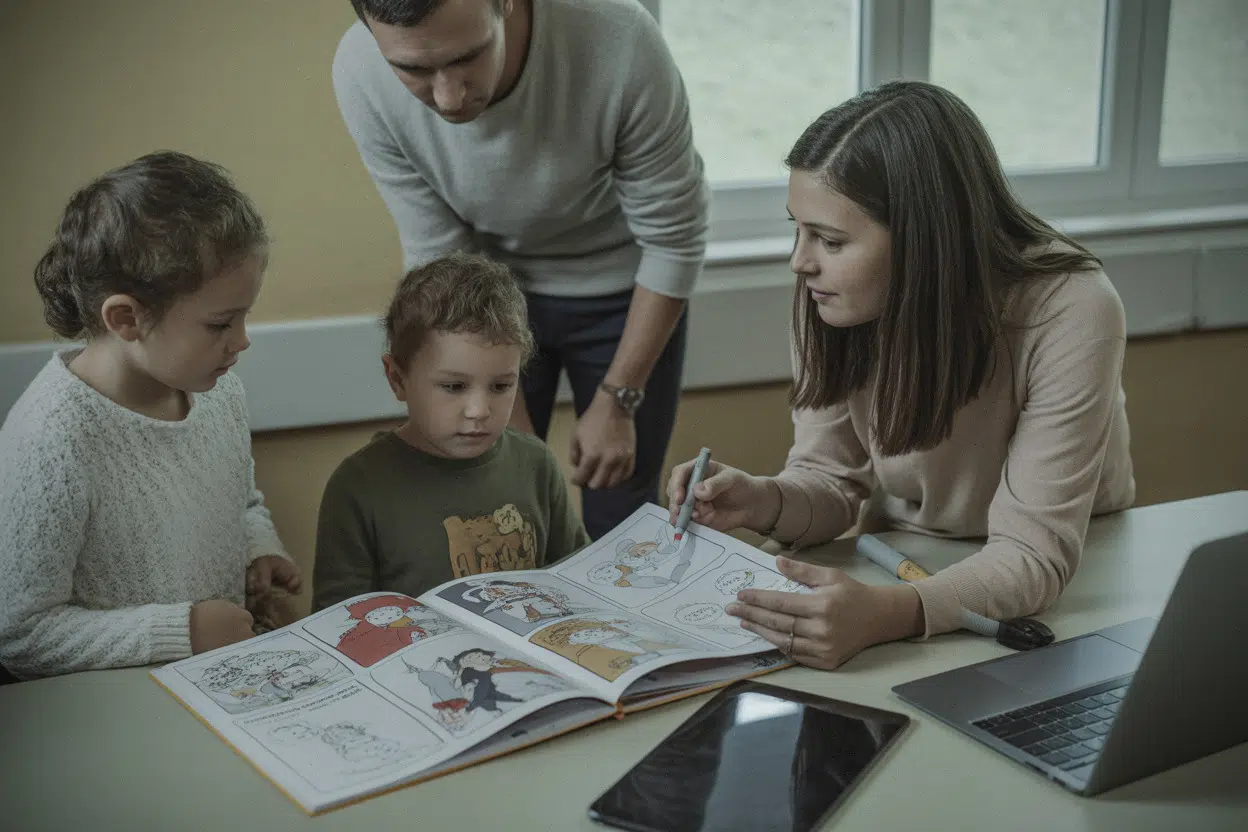 Bénévoles et enfants préparant une BD patrimoniale à Corronsac