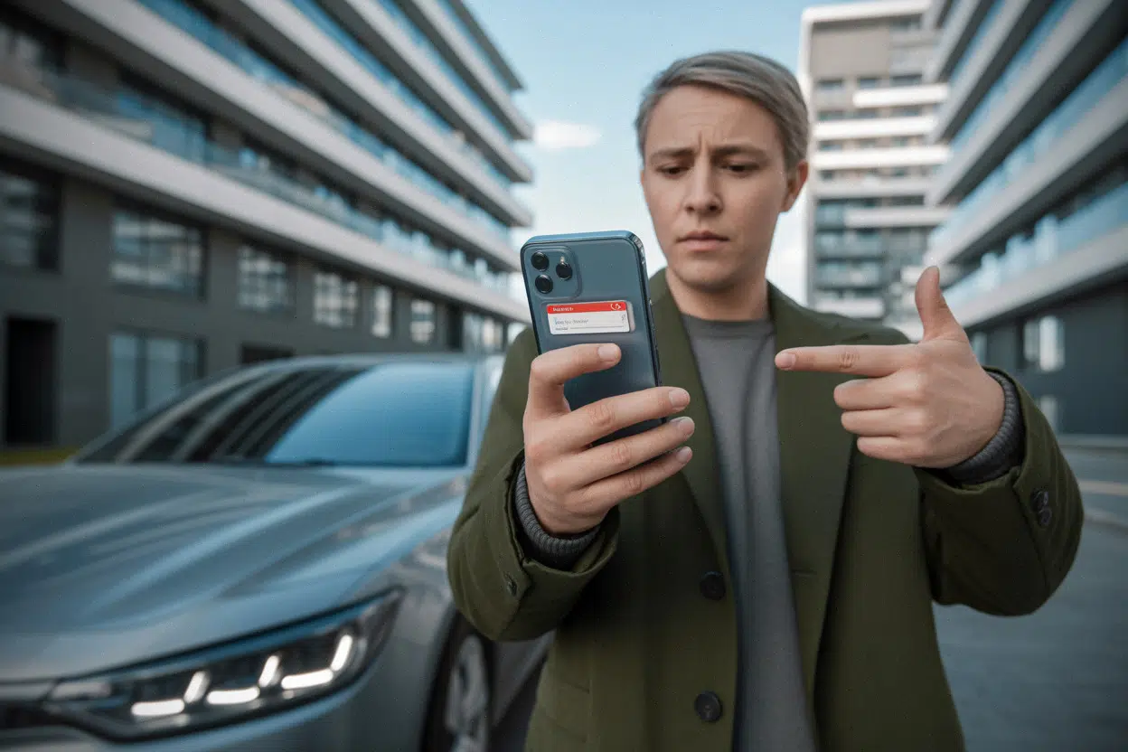 Personne vérifiant un message suspect sur smartphone près d’immeubles récents
